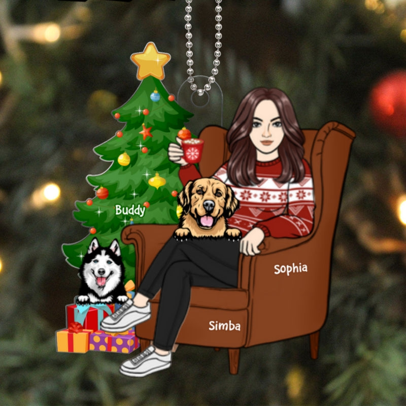 Woman Sitting On Chair With Dogs Christmas Gift For Dog Lover Personalized Acrylic Ornament