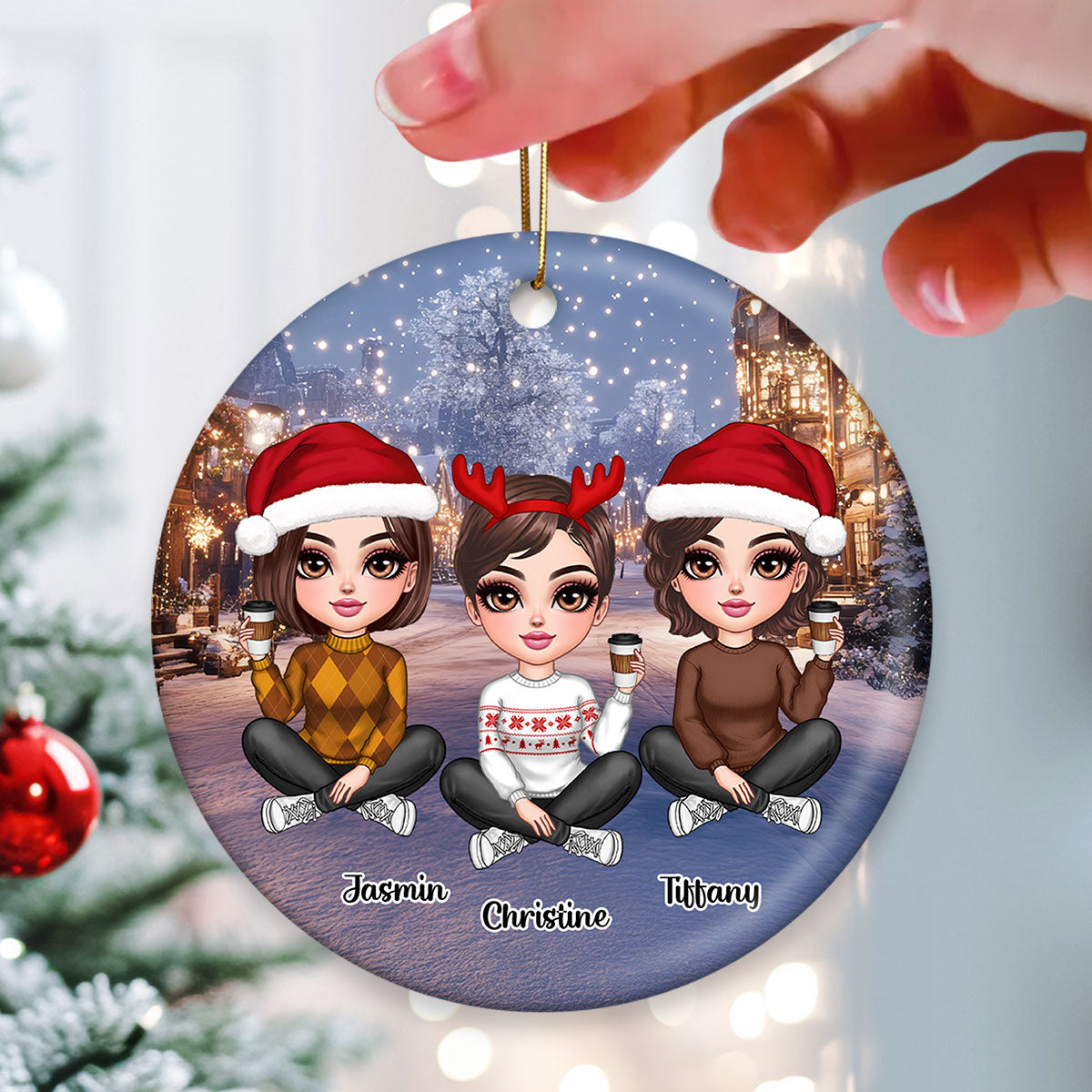 Realistic Winter Scene Besties Sisters Personalized Ceramic Ornament, Christmas Gift for Besties, Sisters, Friends