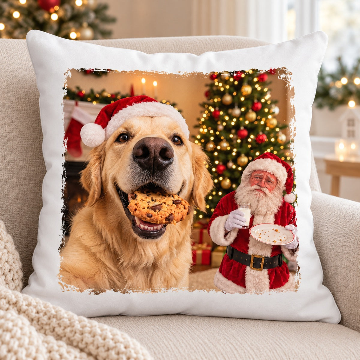 Dog Cat Steal Cookie From Santa Upload Pet Photo - Personalized Pillow- Funny Christmas Gift For Dog Lovers, Cat Lovers, Pet Lovers
