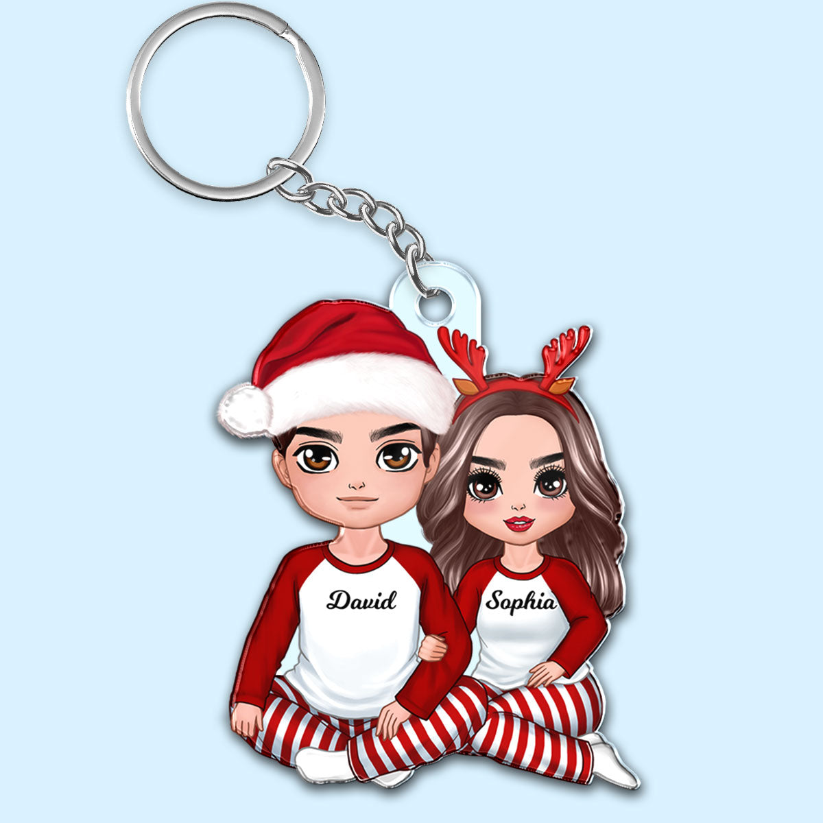 Christmas Doll Couple Sitting Hugging Personalized Acrylic Keychain