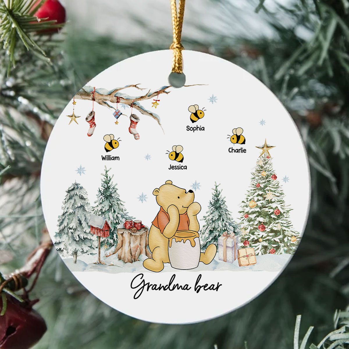 Grandma Bear Cute Grandkids Names Personalized Circle Ceramic Ornament, Christmas Gift