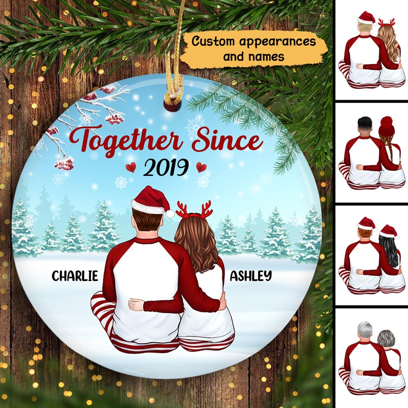 Pajamas Back View Couple In Snow Personalized Circle Ornament