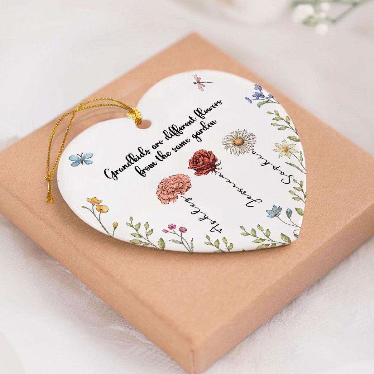 Grandkids Are Different Flowers from the Same Garden Personalized Heart Ornament, Gift for Grandma