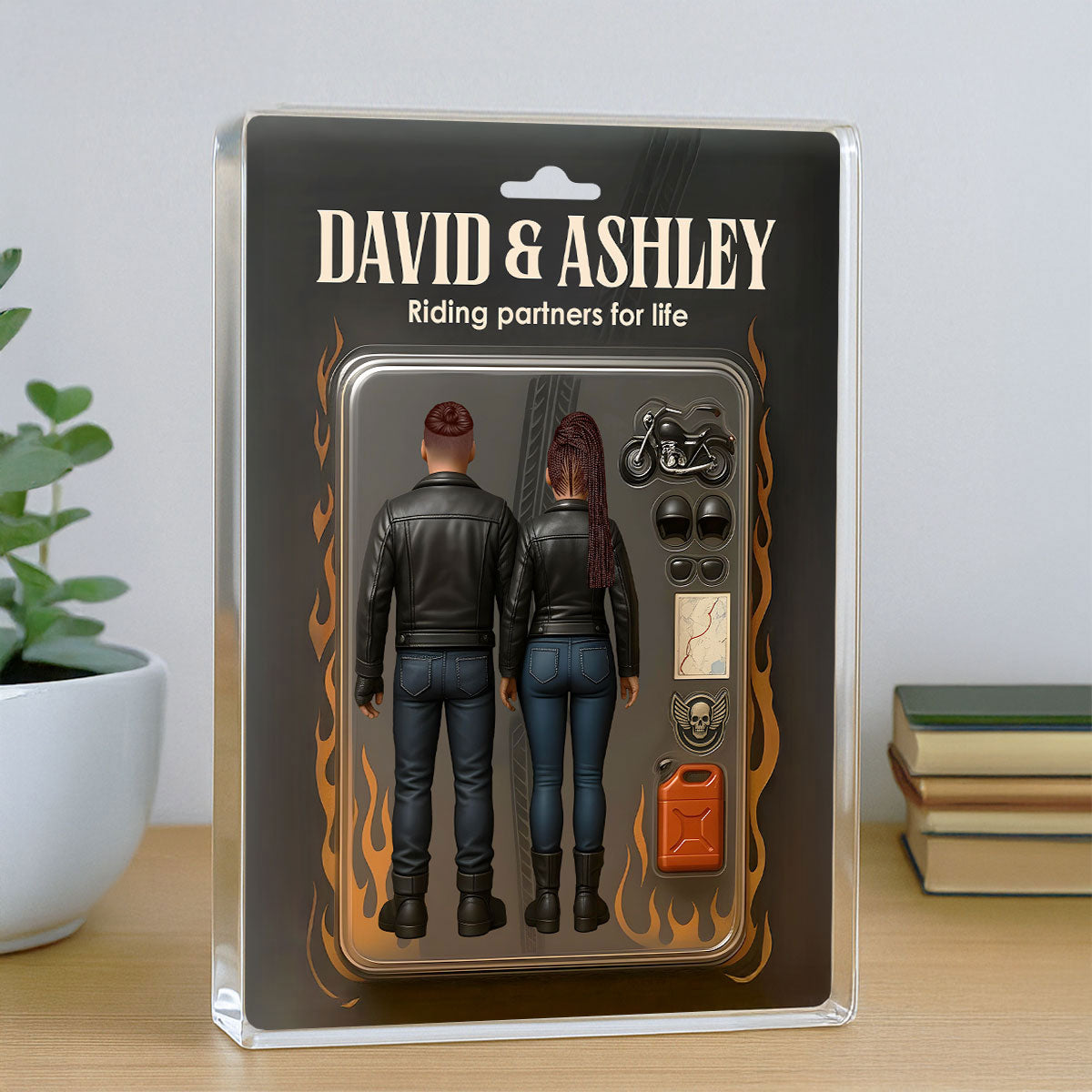 Biker Couple Toy Box Figures Style Personalized Acrylic Block Plaque