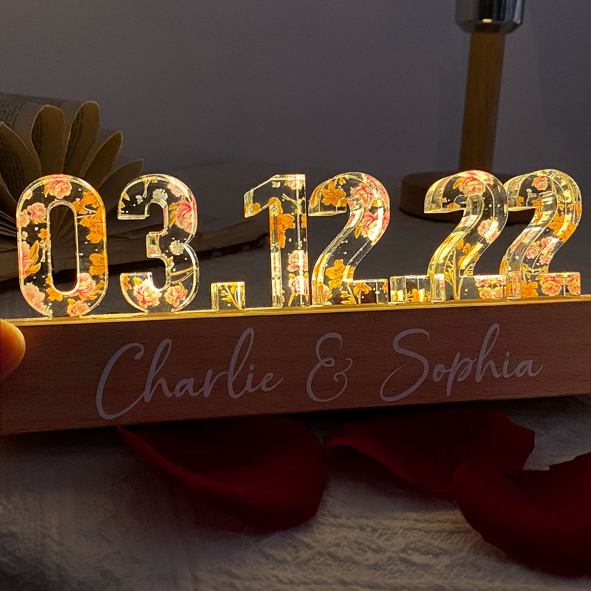 Couple Engagement Wedding Anniversary Special Date Custom Flower Printed LED Night Light, Unique Valentine's Day Gift For Him, Gift For Her