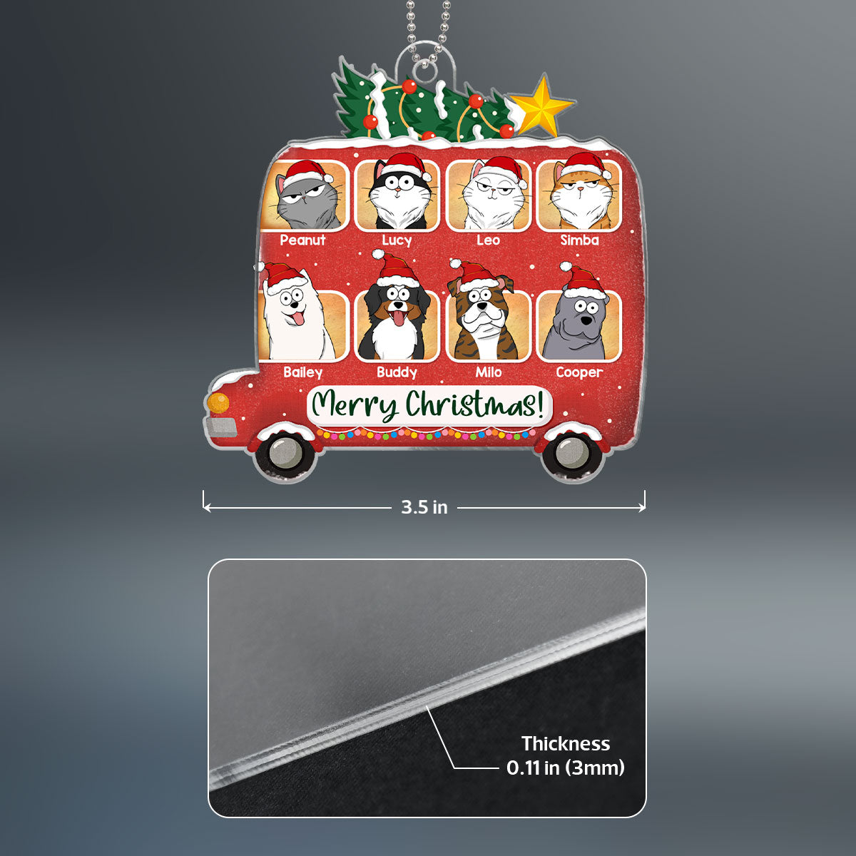 Merry Christmas Dogs Cats Cartoon On Christmas Bus Personalized Acrylic Ornament