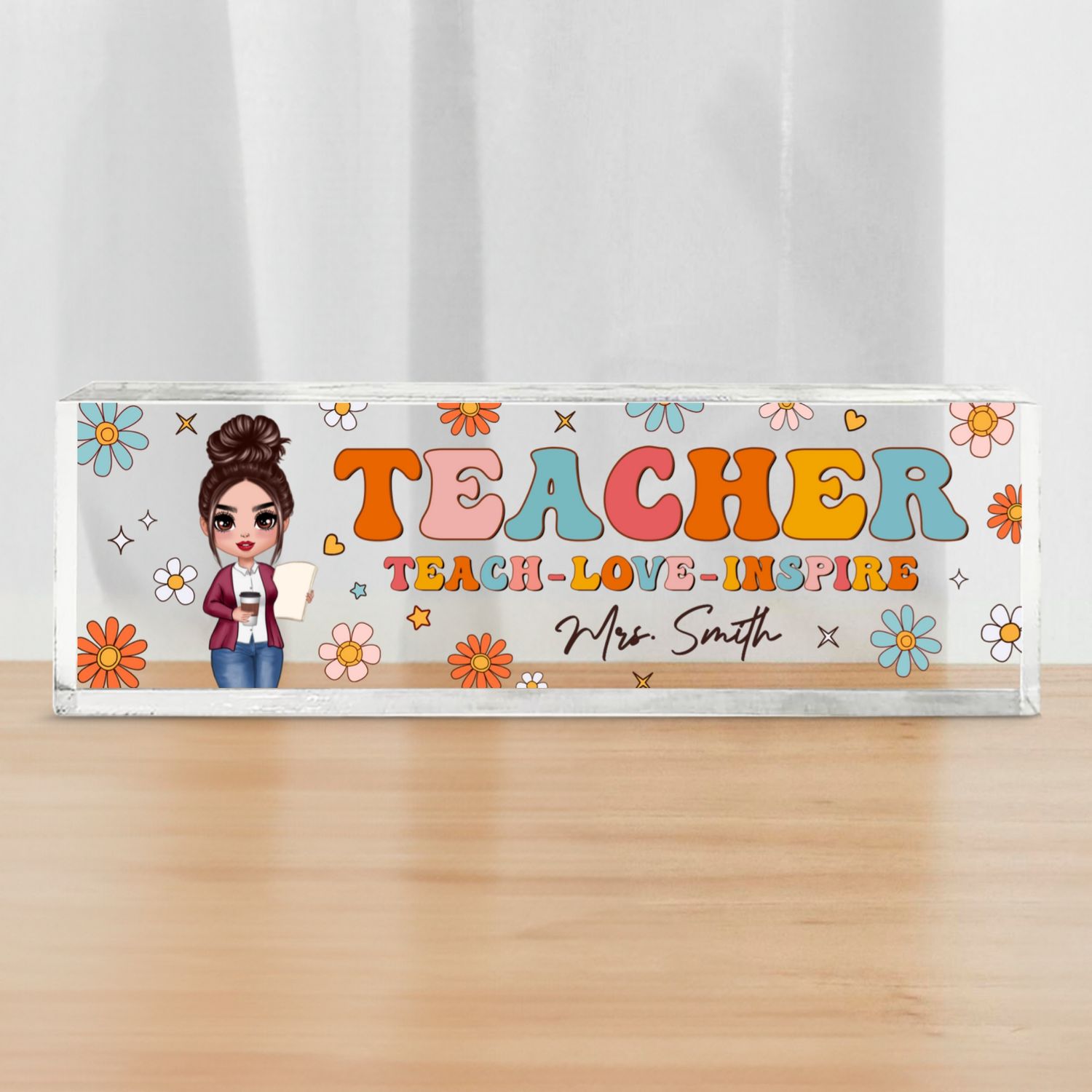 Teacher Groovy Flower Personalized Acrylic Desk Name Plate, Gift For Teacher, Office Decor
