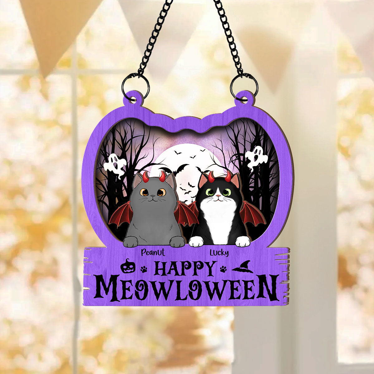 Halloween Cats In Pumpkin Personalized Suncatcher, Halloween Decor