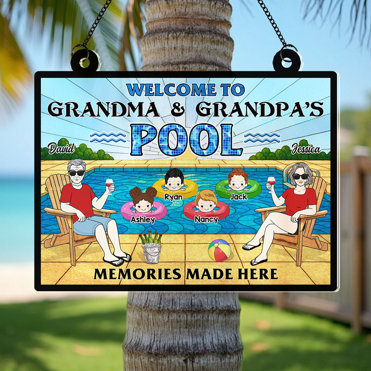 Summer Welcome To Grandpa Grandma Grandparents Pool Personalized Acrylic Suncatcher