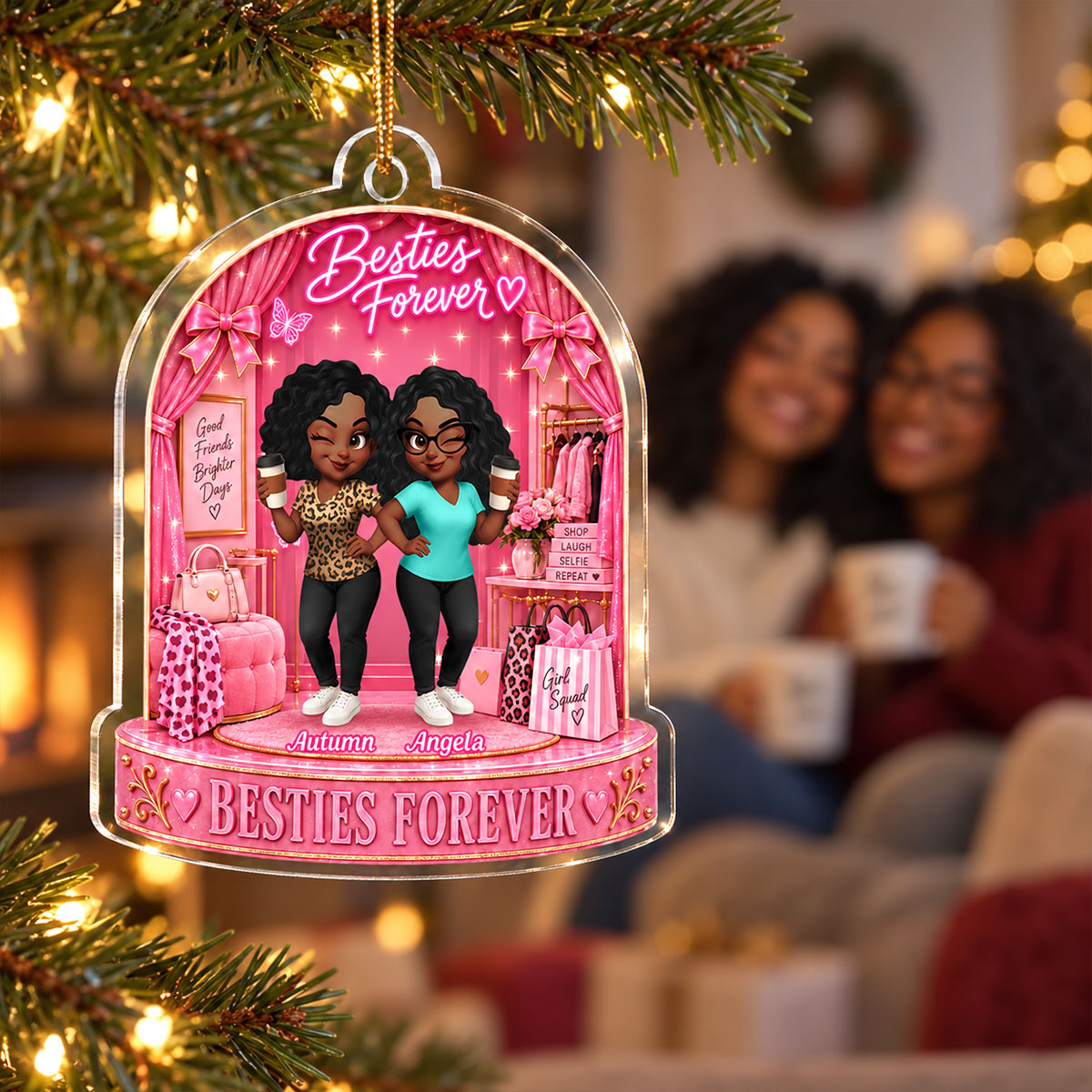 Besties Forever Pink Theme - Personalized Acrylic Ornament - Gift For Besties