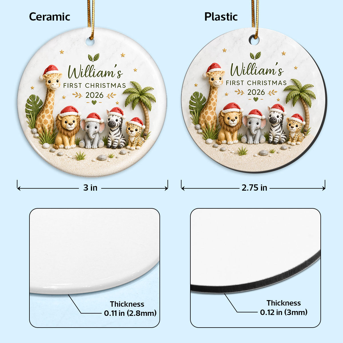 Baby’s First Christmas Safari Animals 2D Flat - Personalized Ceramic Ornament - Christmas Keepsake