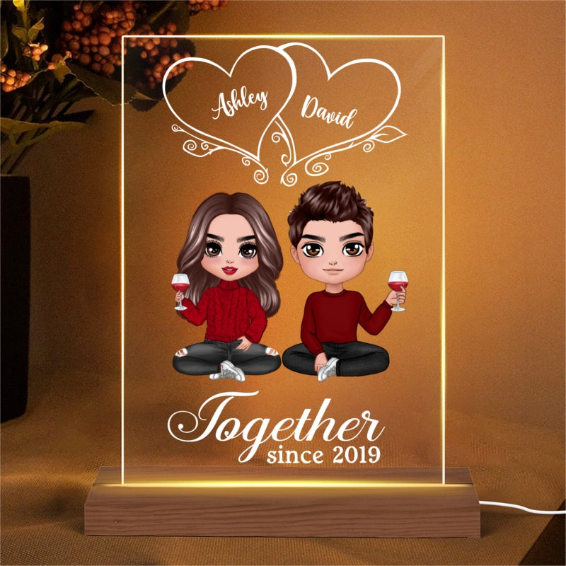 Hearts Doll Couple Sitting  Anniversary Gift For Him Gift For Her Personalized Acrylic Plaque LED Lamp Night Light