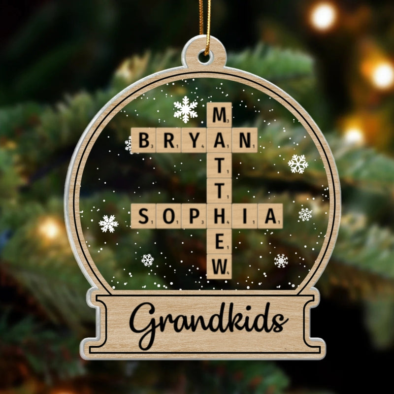 Snow Globe Grandkids Crossword Puzzle Personalized Acrylic Ornament, Christmas Gift For Grandma, Grandpa, Granddaughter, Grandson