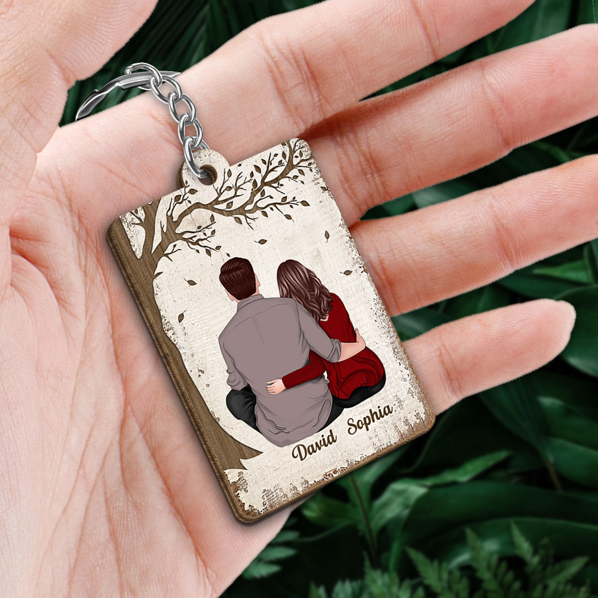 Couple Back View Sitting Favorite Song QR Code Personalized Wooden Keychain