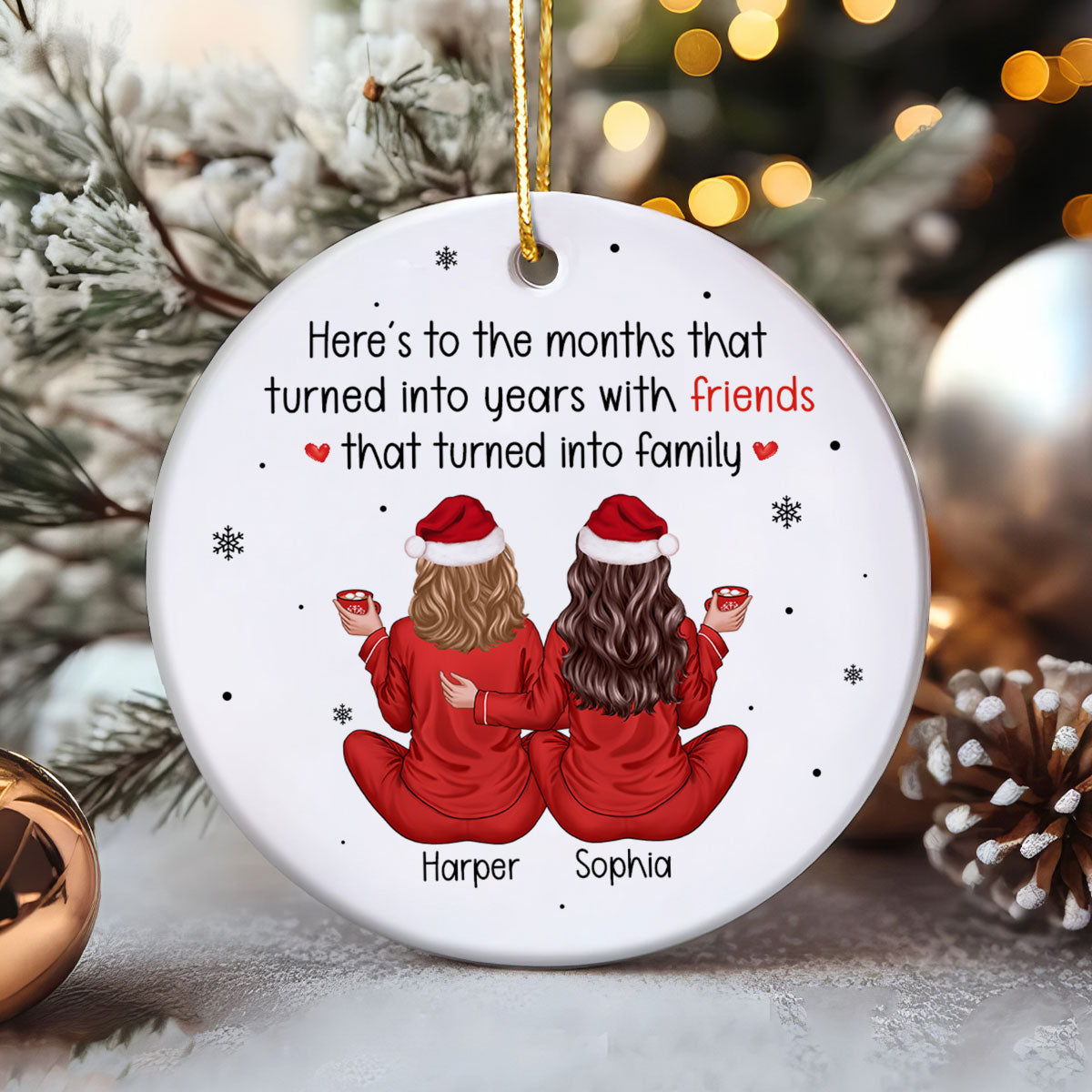Back View Pajamas Besties Months Turned to Years, Friends Turned to Family Personalized Ceramic Ornament, Christmas Gift For Besties, Best Friends, BFF