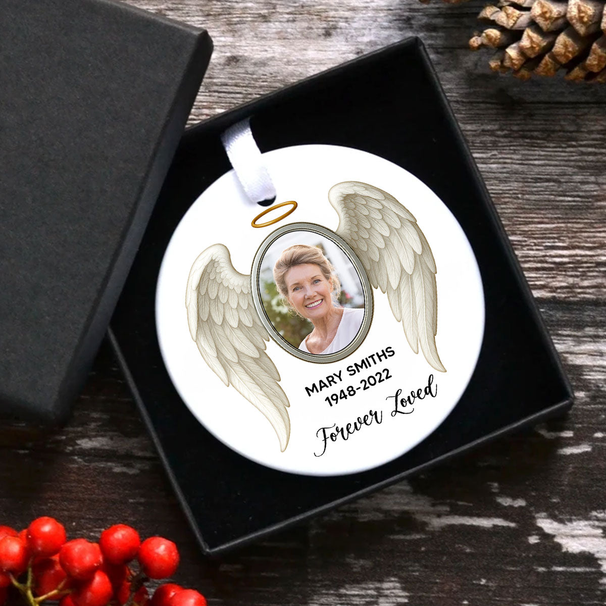 Heavenly Halo & Wings Memorial Ceramic Ornament, Personalized Keepsake Christmas Ornament, Sympathy Gift For Loss Of Loved Ones