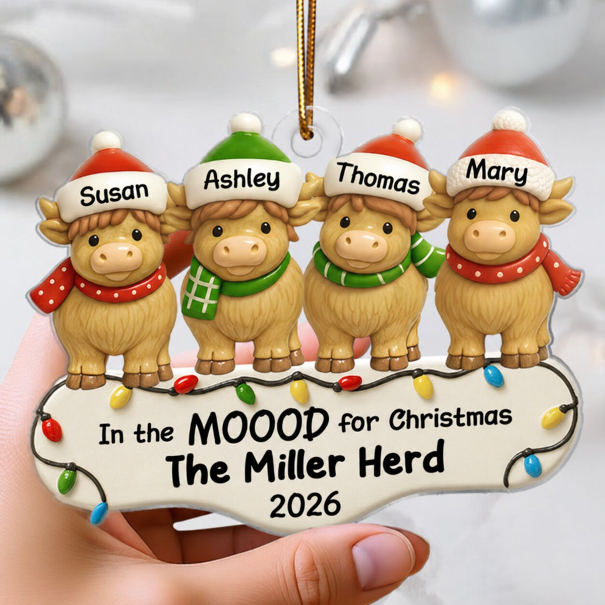 3D Effect Highland Cows Family Herd In The Moood For Christmas Personalized Acrylic Ornament, Christmas Decor