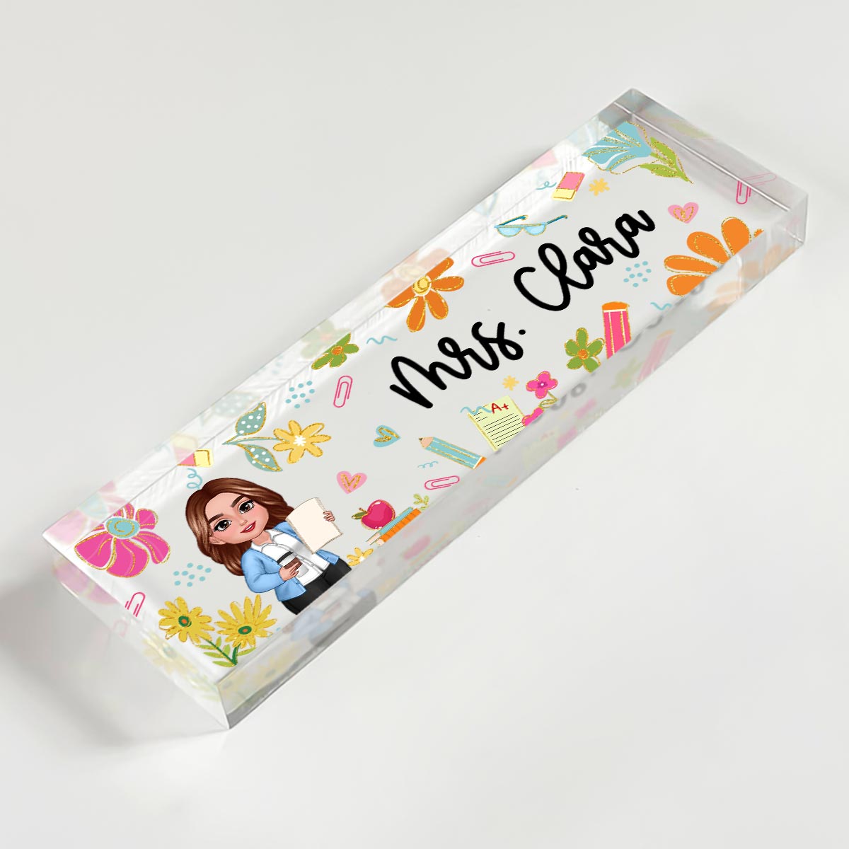 Teacher Floral Pattern Personalized Acrylic Desk Name Plate, Back To School Gift For Teacher