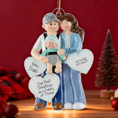 3D Effect First Christmas As Family Of Three Mom Dad & Baby On Carrier - Personalized Acrylic Ornament