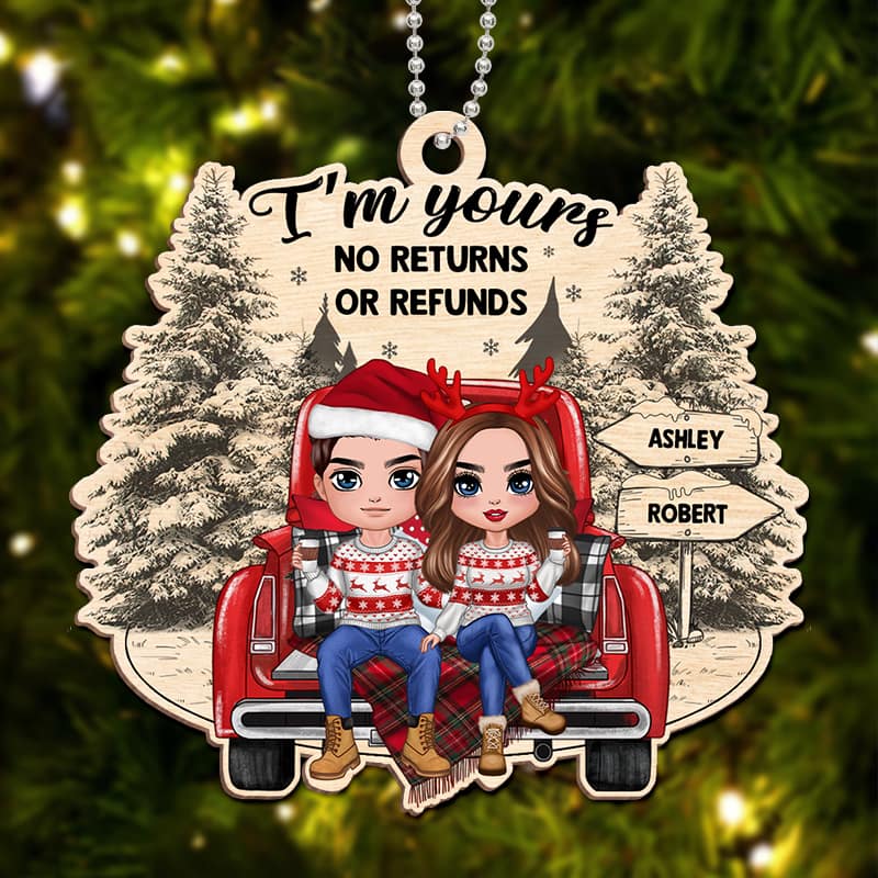 Doll Couple Sitting On Christmas Truck Personalized Wooden Ornament
