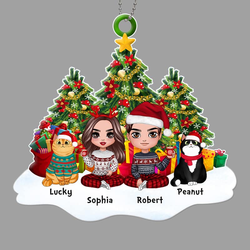 Doll Couple And Fluffy Cats Sitting On Snow Christmas Tree Personalized Acrylic Ornament
