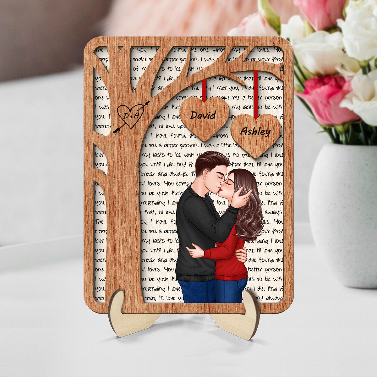 Romantic Couple Under Tree Letters Background Personalized 2-Layer Wooden Plaque
