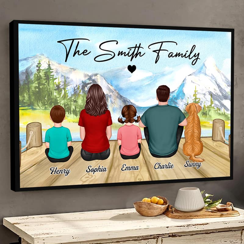 Family Name Couple Kid Dog Cat Back View Simple Personalized Horizontal Poster