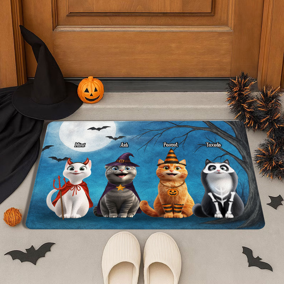 Halloween Cute Cats Sitting in the Moon Light Personalized Doormat, Halloween Decor for Cat Lovers