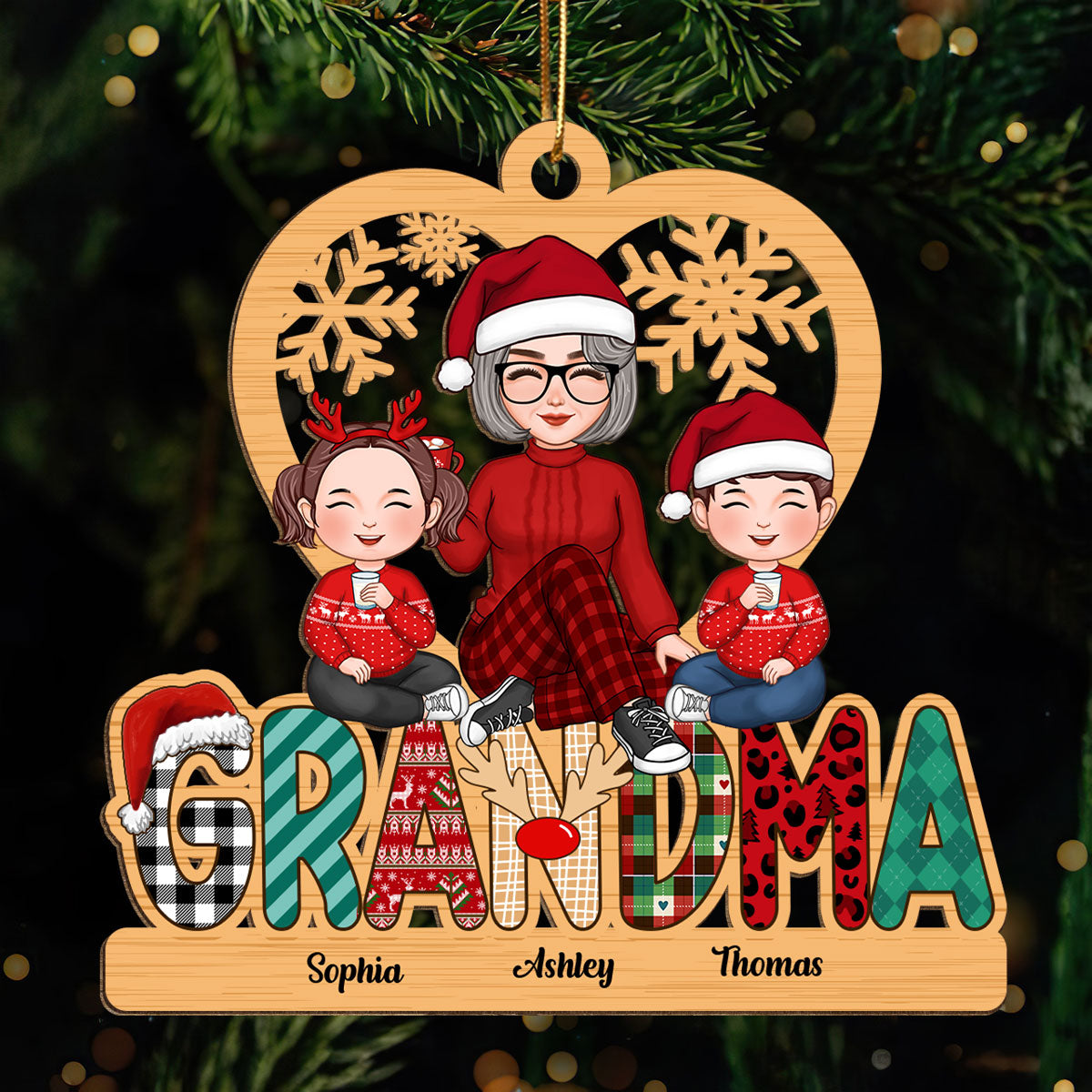 Grandma Claus Christmas Pattern Personalized Wooden Ornament