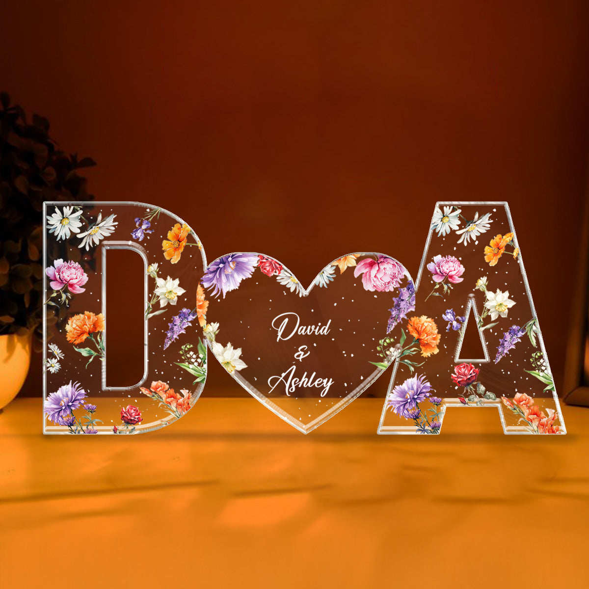 Couple Initials Floral Theme  Gift Anniversary Gift Personalized Acrylic Block Plaque