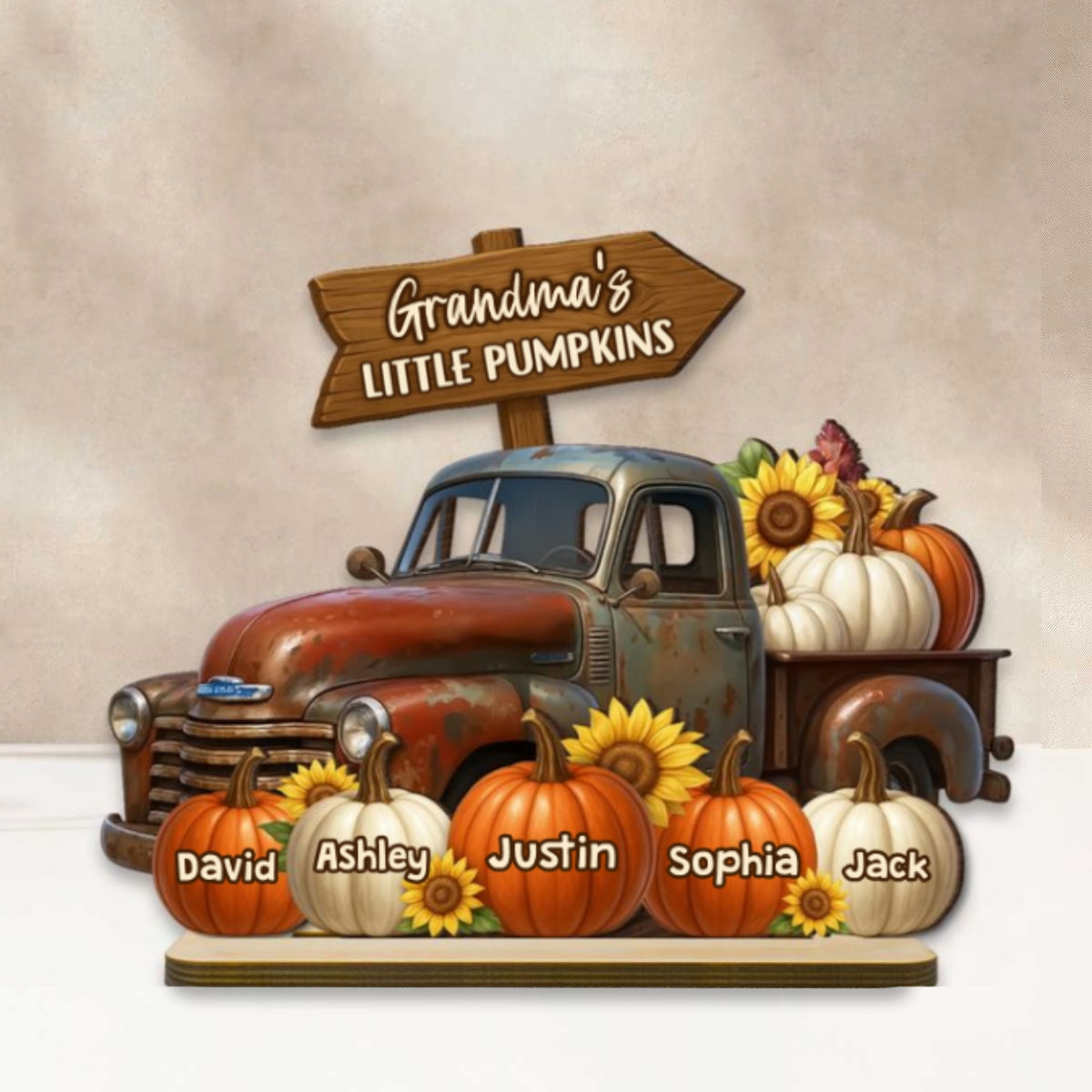 Grandma's Little Pumpkin Fall Truck Personalized Standing Wooden Plaque, Fall Decor for Grandma