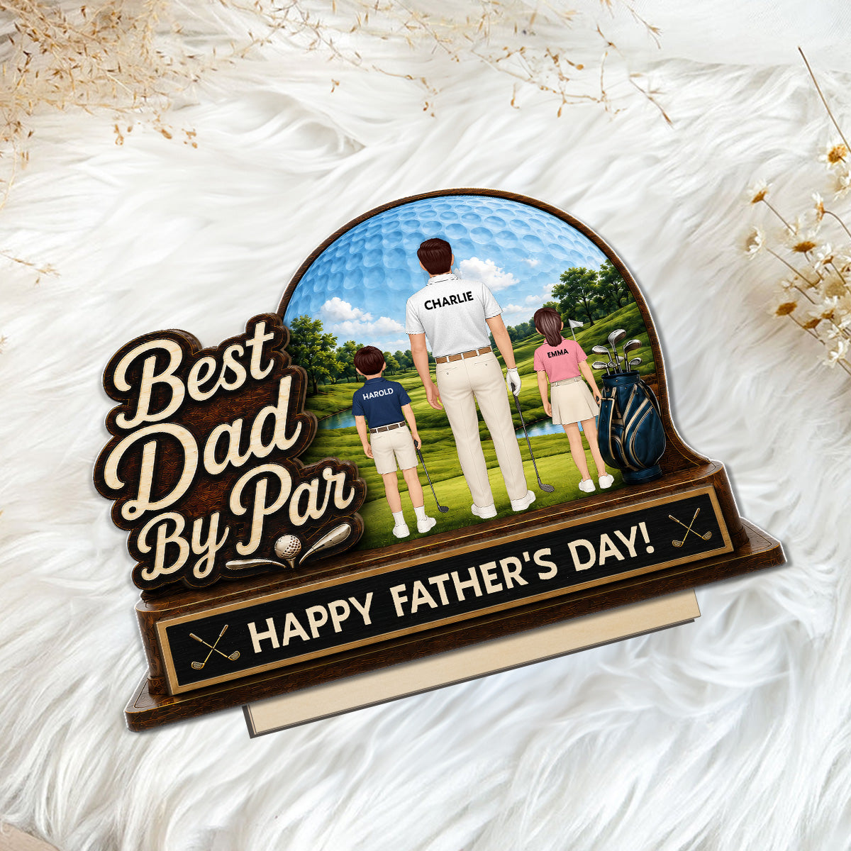 Best Dad By Par Custom Man & Kids Back View - Personalized 2-Layered Wooden Plaque - Father's Day Gift For Golf Dad