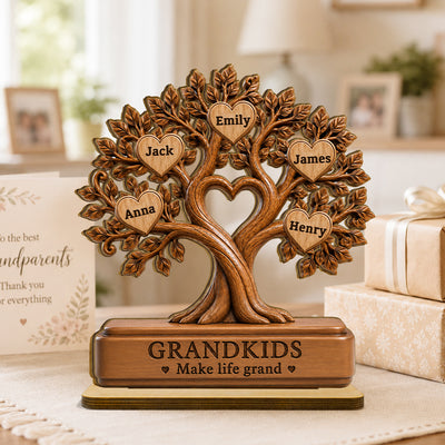 Grandkids Make Life Grand - Personalized 2-Layered Wooden Plaque - Gift for Grandma, Grandpa, Grandparents, Family Keepsake