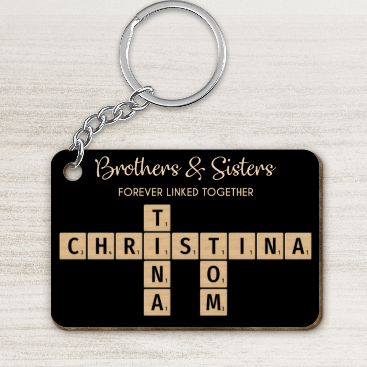 Brothers & Sisters Forever Linked Together Crossword Puzzle Art Personalized Wooden Keychain, Christmas Gift For Brothers, Sisters, Siblings, Family