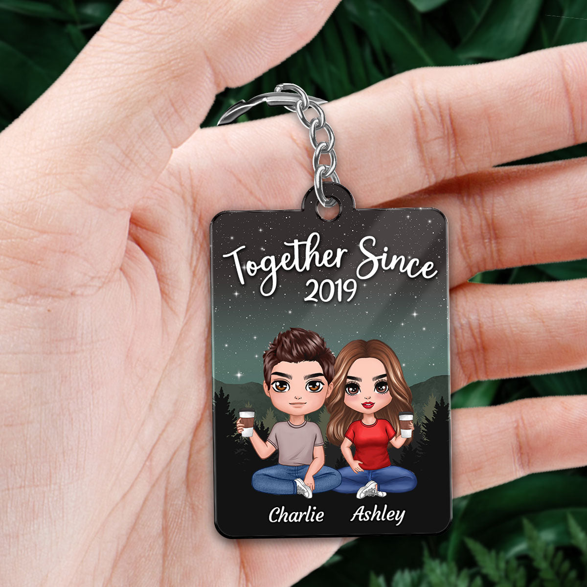 Galaxy Night Doll Couple Sitting Favorite Song Scannable QR Code Personalized Acrylic Keychain