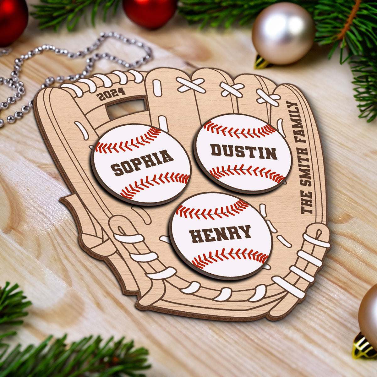 Family Baseball Globe Sport Personalized 2-Layer Wooden Ornament