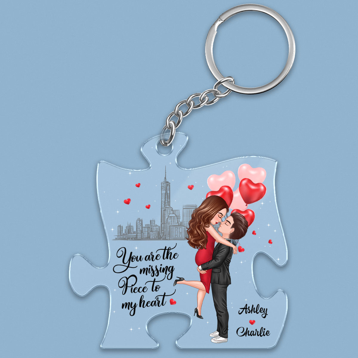 The Missing Piece To My Heart Couple Hugging Kissing Personalized Puzzle Acrylic Keychain