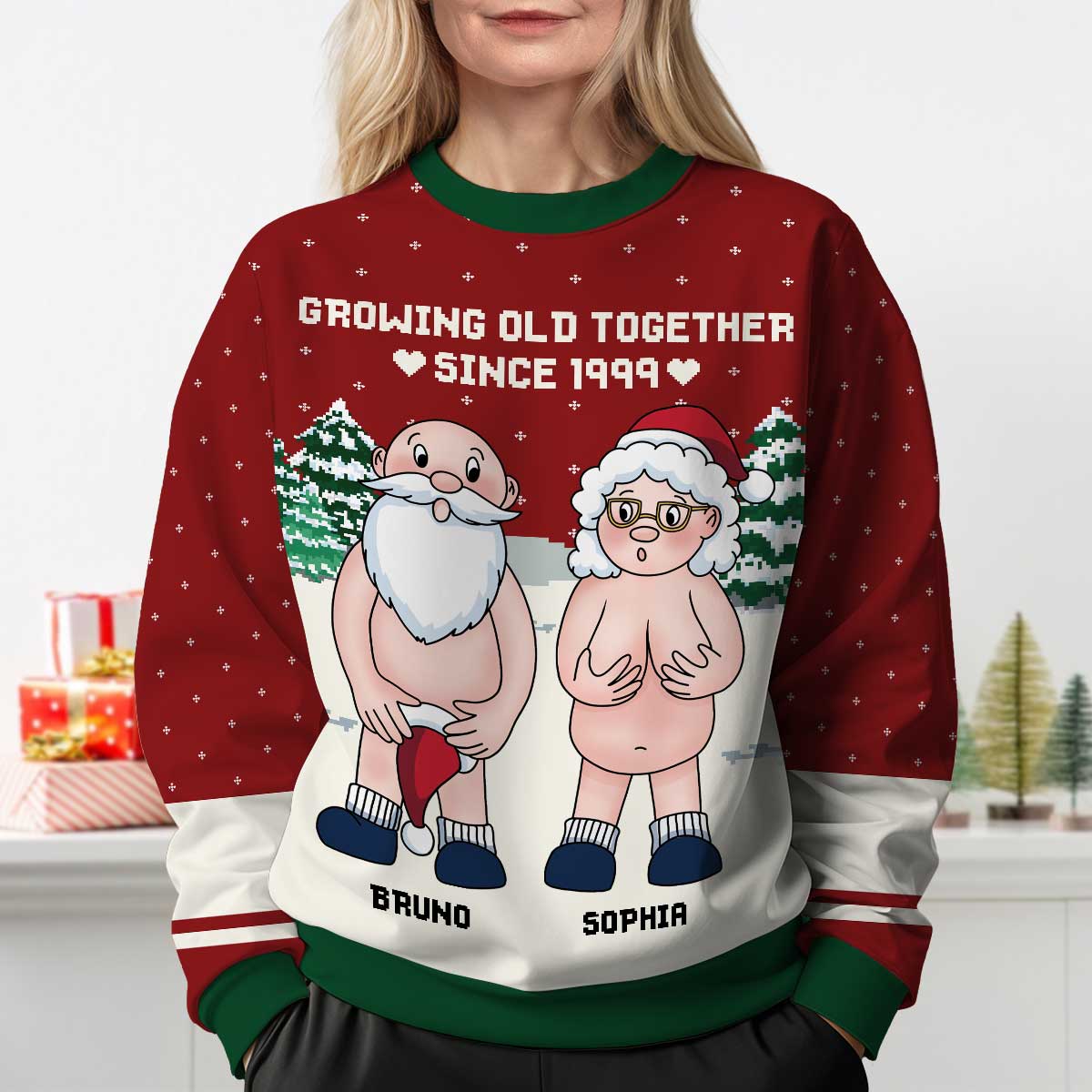 Funny Old Couple Growing Old Together Personalized Faux Knitting Ugly Sweater
