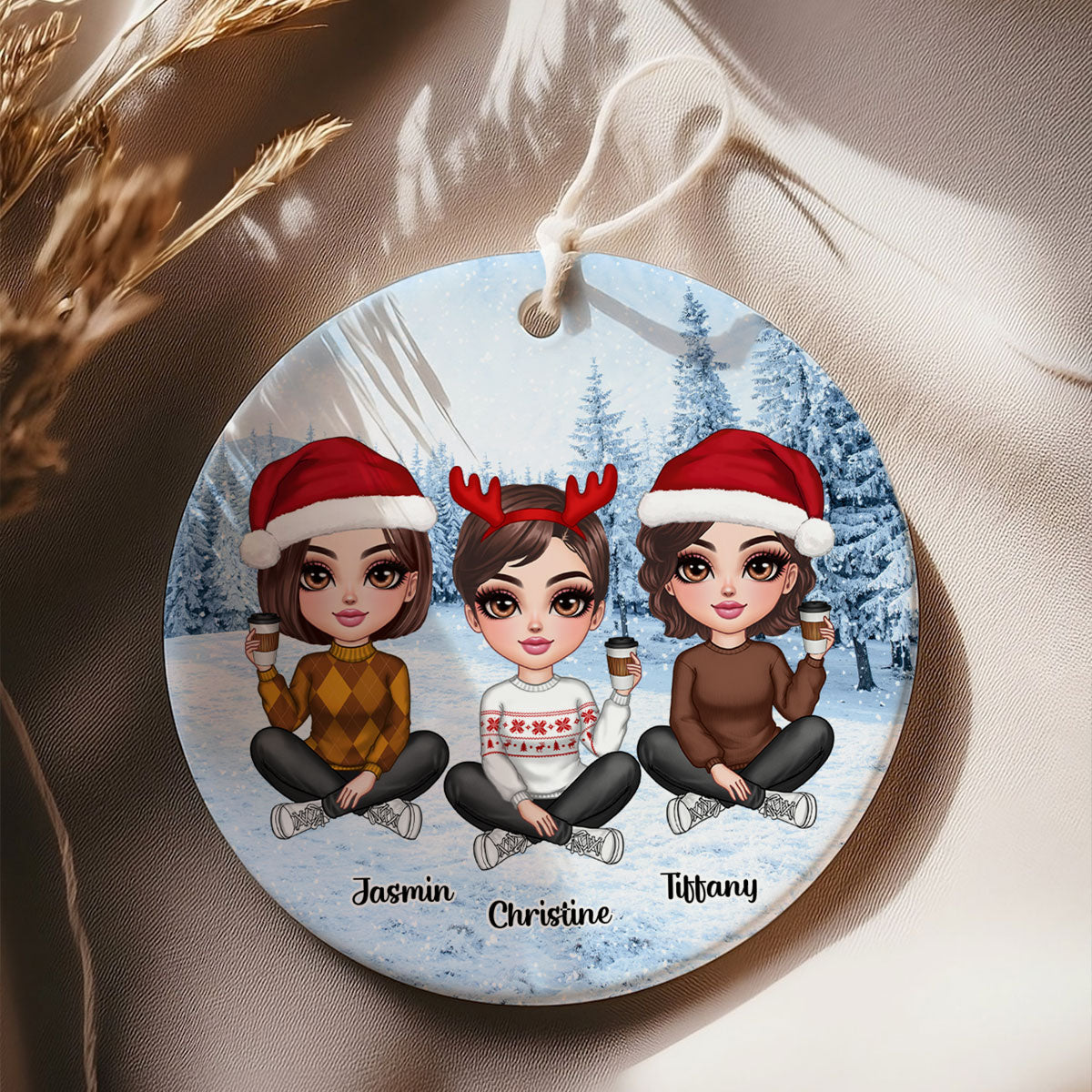 Realistic Winter Scene Besties Sisters Personalized Ceramic Ornament, Christmas Gift for Besties, Sisters, Friends