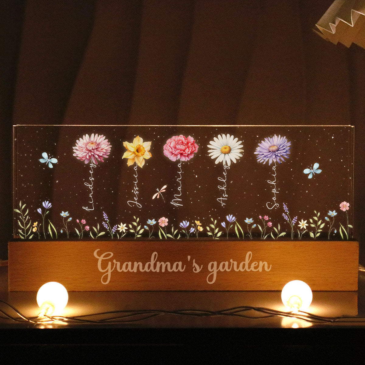 Grandma's Enchanted Garden Birth Month Flowers Personalized Acrylic Block LED Night Light, Gift