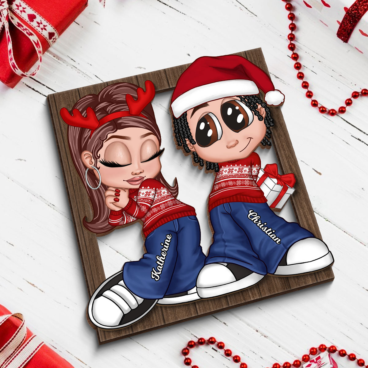 Christmas Y2K Couple Frame Personalized 2-Layer Wooden Plaque