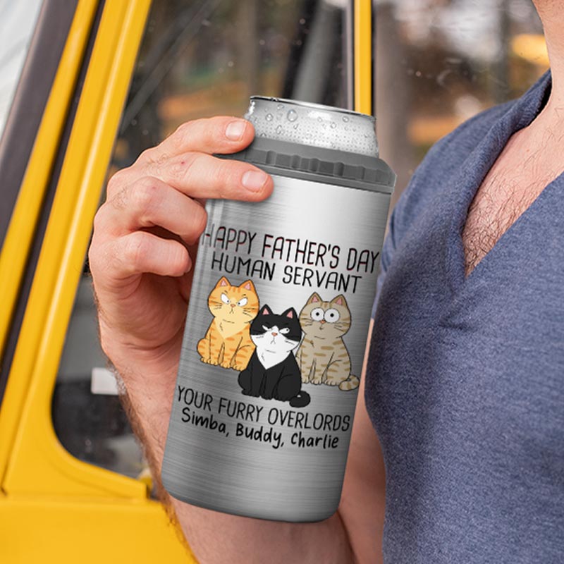 Happy Father‘s Day Human Servant Funny Cute Cats Personalized Can Cooler, Gift For Cat Dad