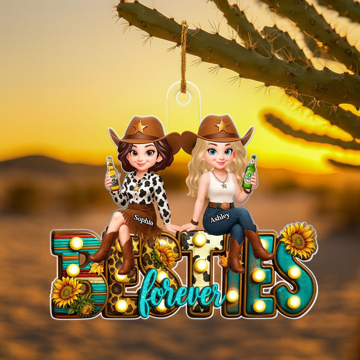 Western Besties Sitting Personalized Acrylic Ornament, Fall Gift for Best Friends