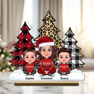 Leopard Checkered Pattern Christmas Tree Grandma Grandkids Personalized 2-Layer Standing Wooden Plaque