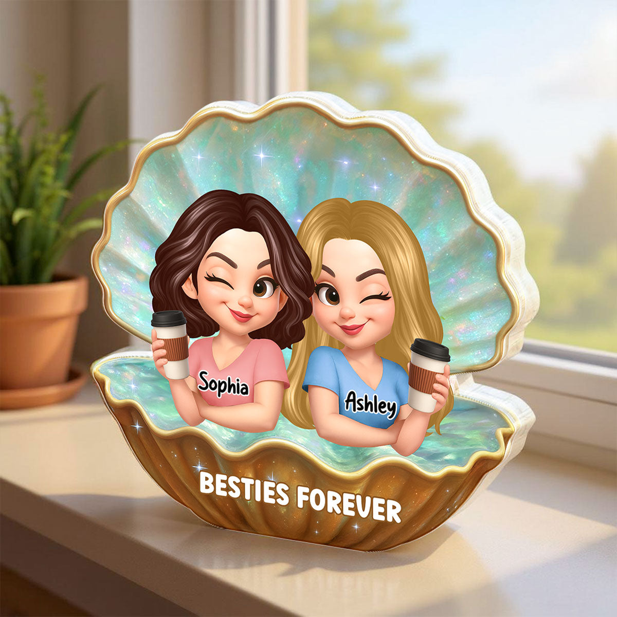Besties Sisters Inside Seashell Pearl Personalized Acrylic Block