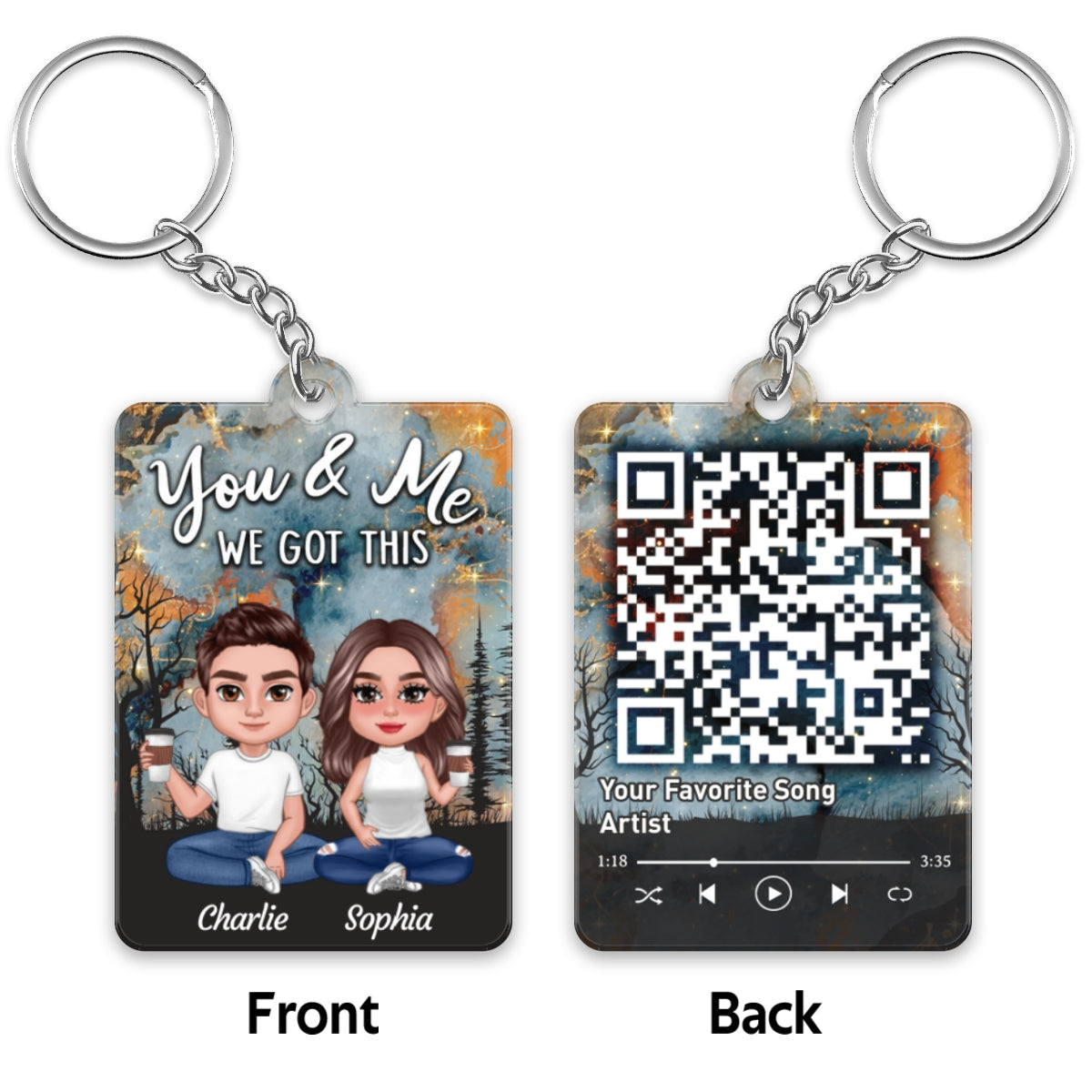 Doll Couple Sitting Earth Pattern Favorite Song QR Code Personalized Acrylic Keychain