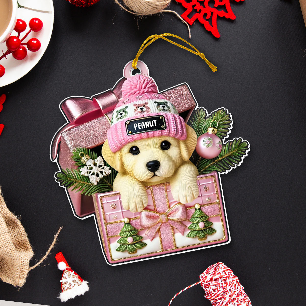 Cute Labrador Dog Inside Gift Box Personalized 2D Flat Acrylic Ornament, Christmas Gift for Dog Lovers