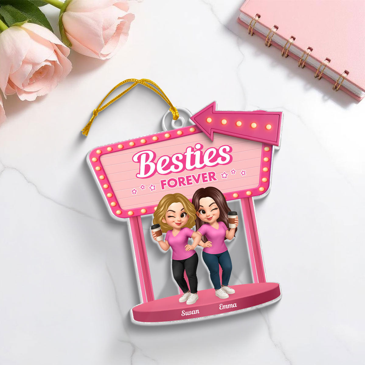 Besties Sisters 3D Effect Pink Sign Personalized Acrylic Ornament
