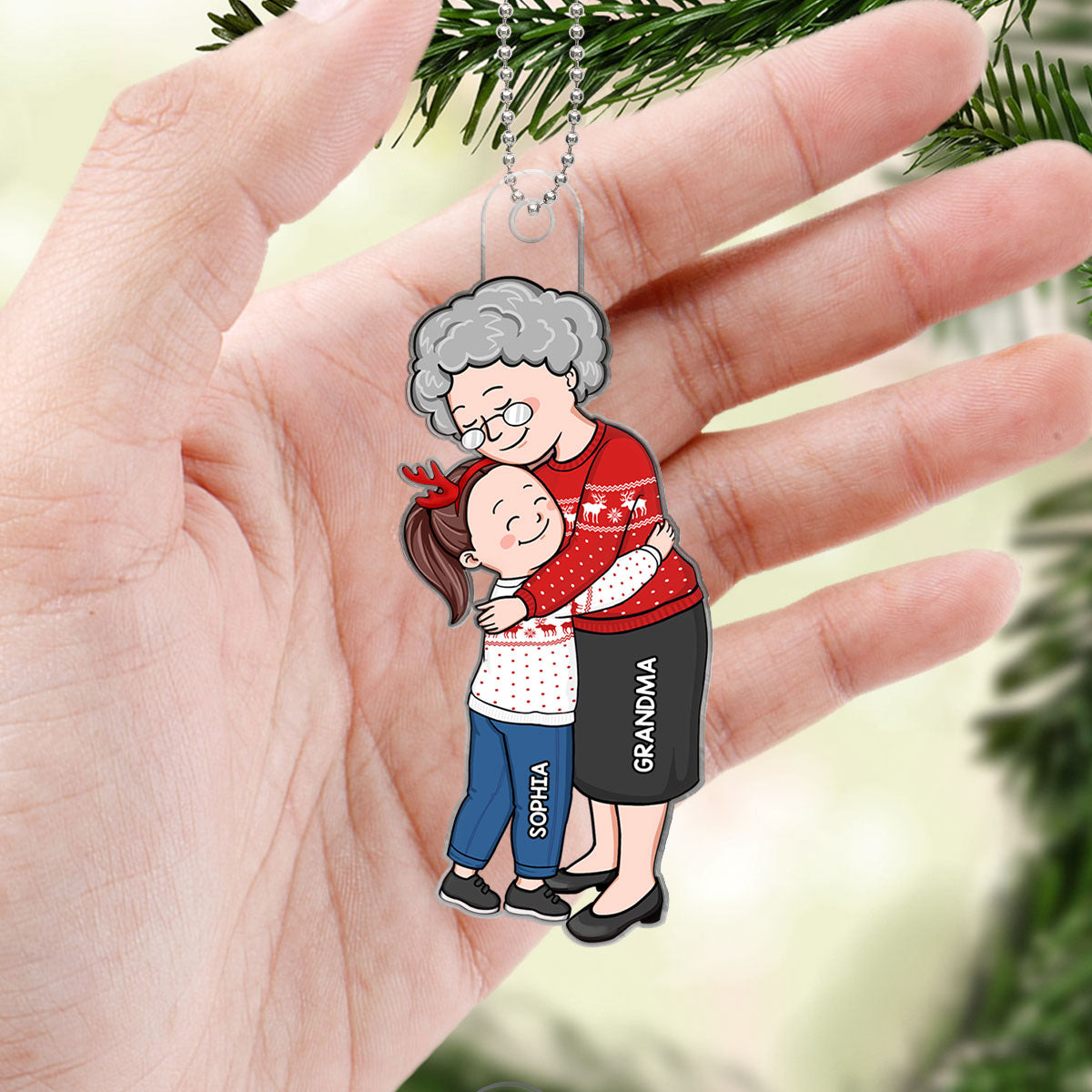 Simple Cartoon Grandma & Grandkid Hugging Christmas Gift For Granddaughter Grandson Personalized Acrylic Ornament