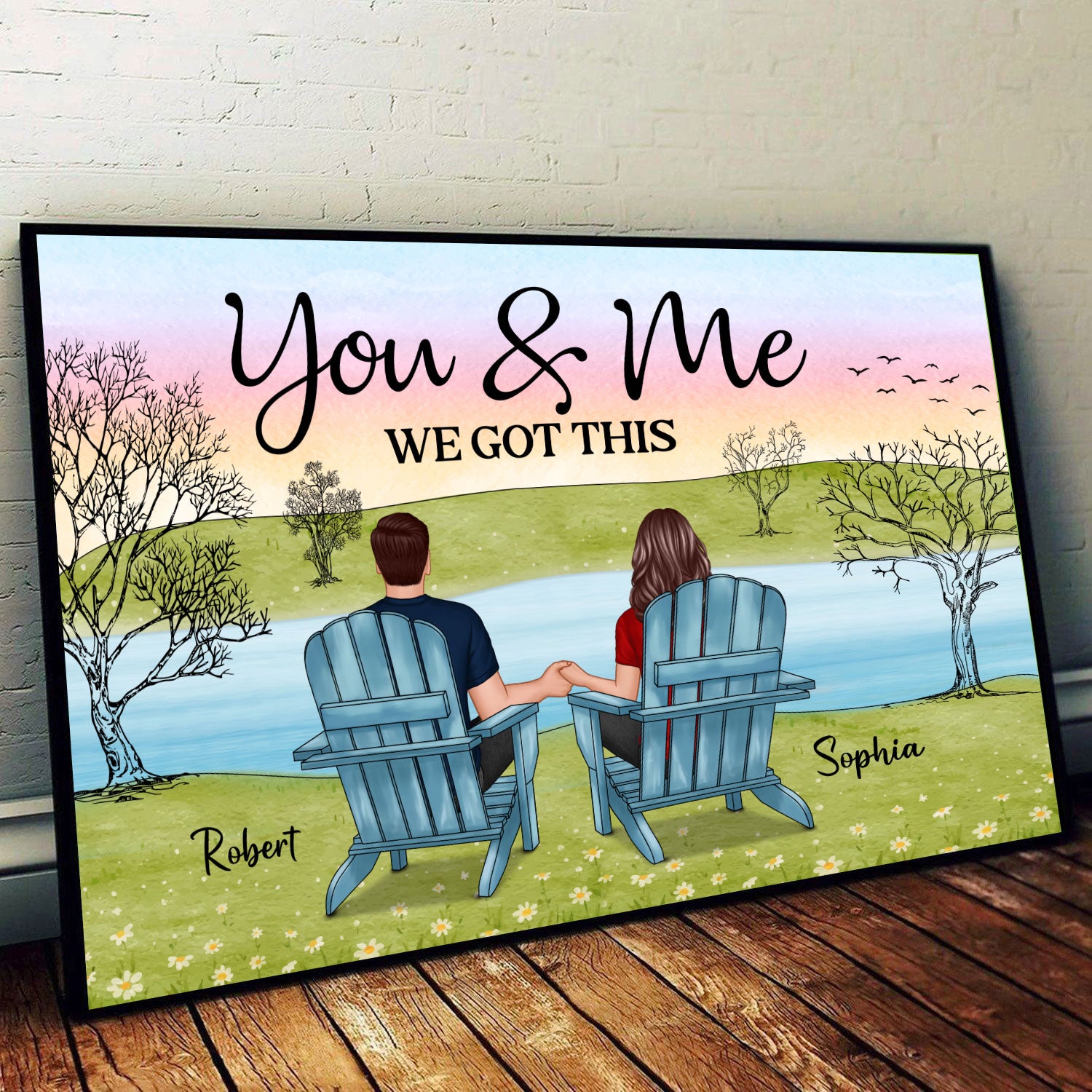 Back View Sitting Couple Landscape Personalized Horizontal Poster